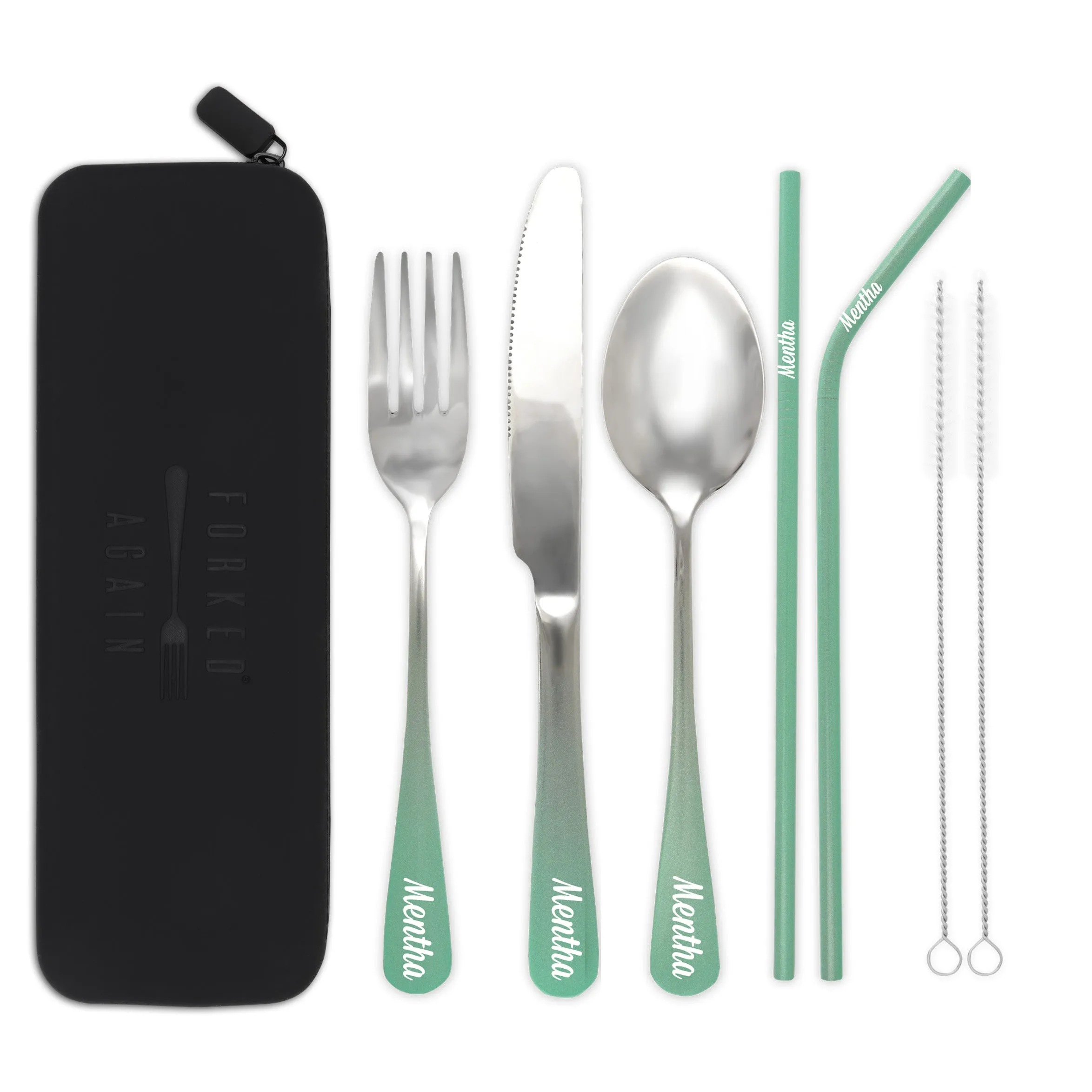 Traditional Silicone Pouch Travel Cutlery Set (Mint Green Ombré)