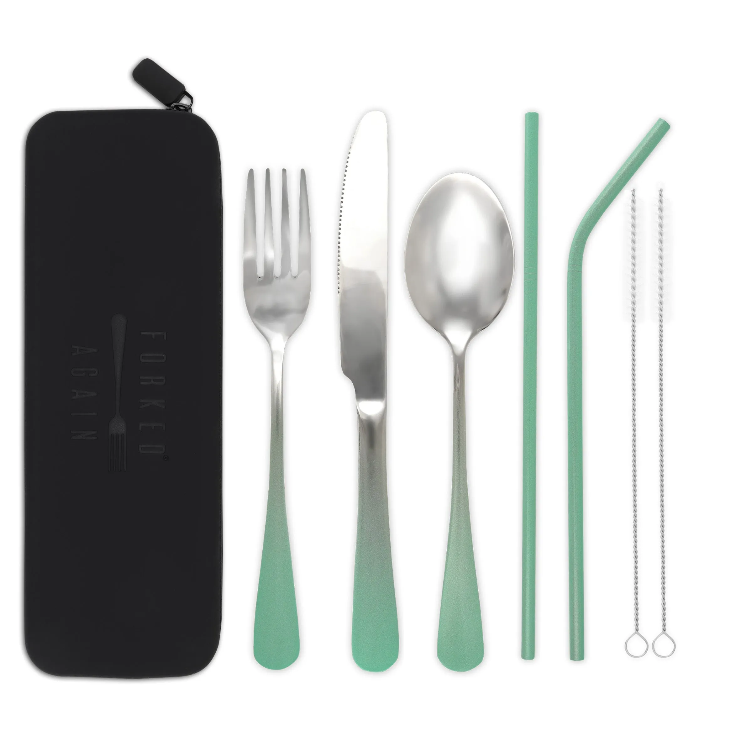 Traditional Silicone Pouch Travel Cutlery Set (Mint Green Ombré)