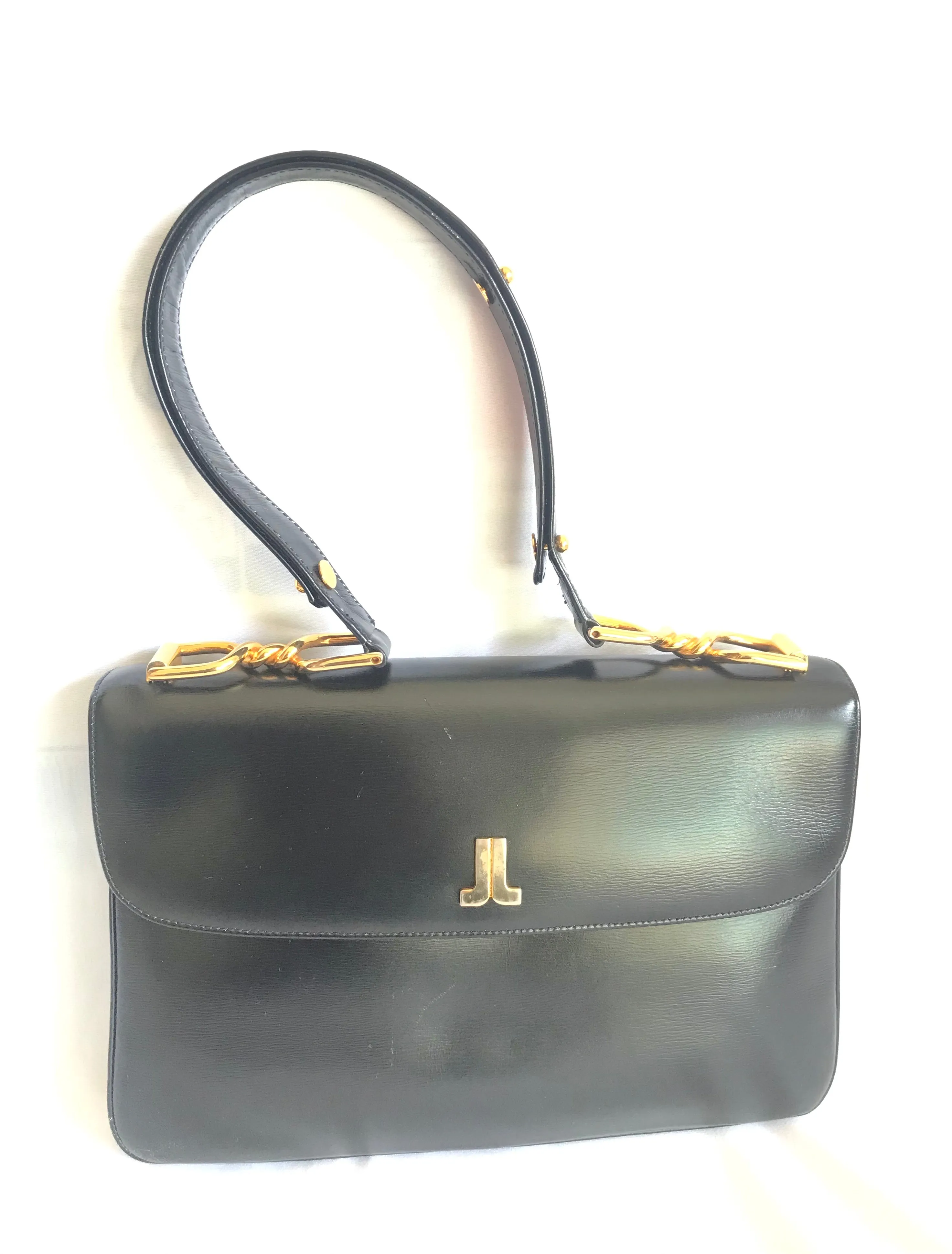Vintage Lanvin black leather shoulder bag with logo motif. Classic masterpiece. 050320r11