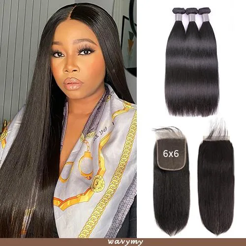 Wavymy Straight Virgin Human Hair 3 Bundles With 6x6 Closure
