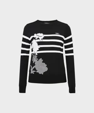 WideAngle: TO Flower Intarsia Round Neck Sweater L - Black