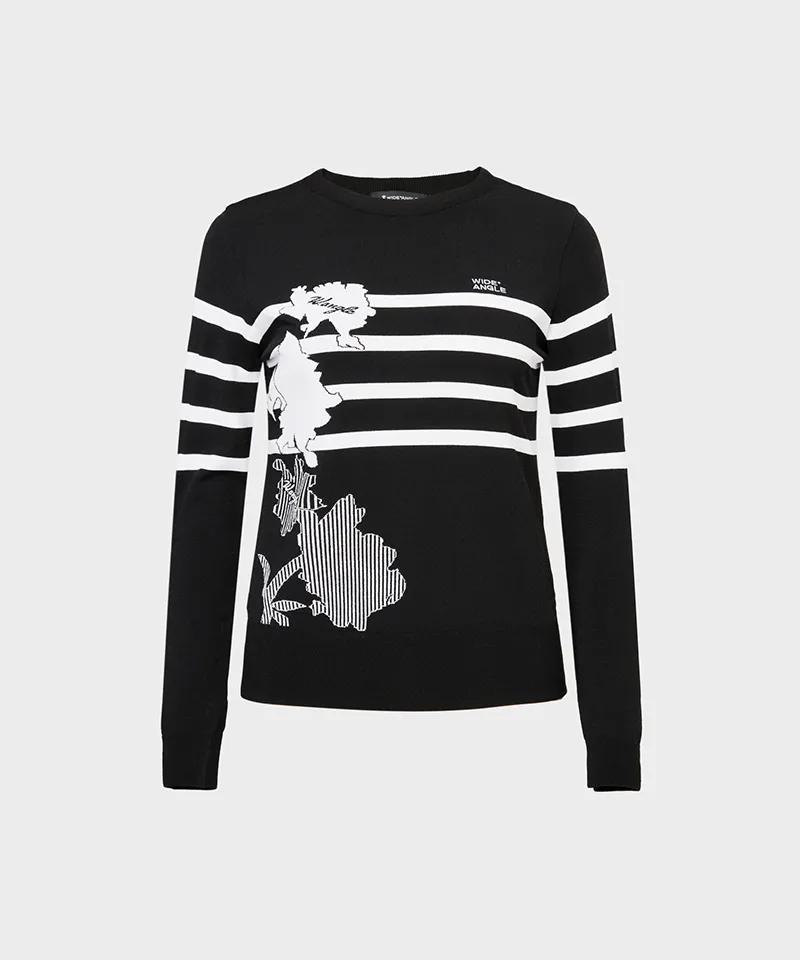 WideAngle: TO Flower Intarsia Round Neck Sweater L - Black