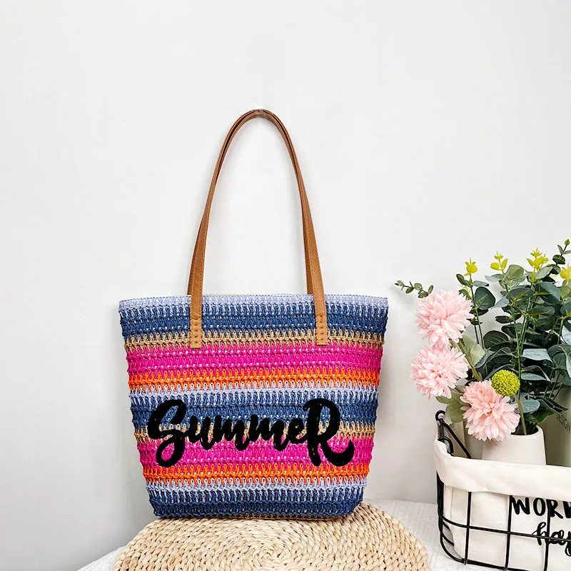 Women's Straw Shopping Striped Letters Beach Shoulder Bags