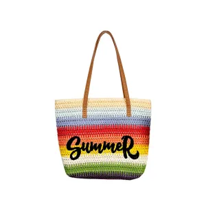 Women's Straw Shopping Striped Letters Beach Shoulder Bags