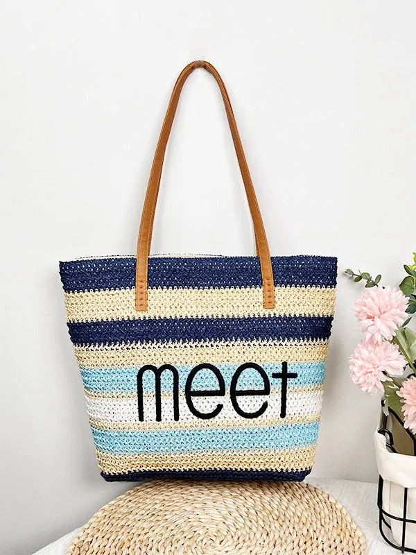 Women's Straw Shopping Striped Letters Beach Shoulder Bags