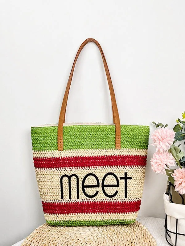 Women's Straw Shopping Striped Letters Beach Shoulder Bags