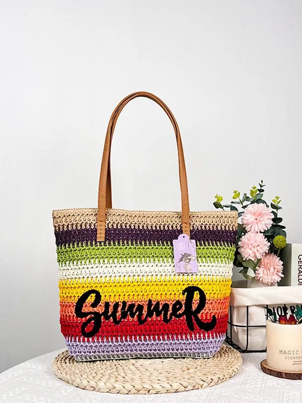 Women's Straw Shopping Striped Letters Beach Shoulder Bags