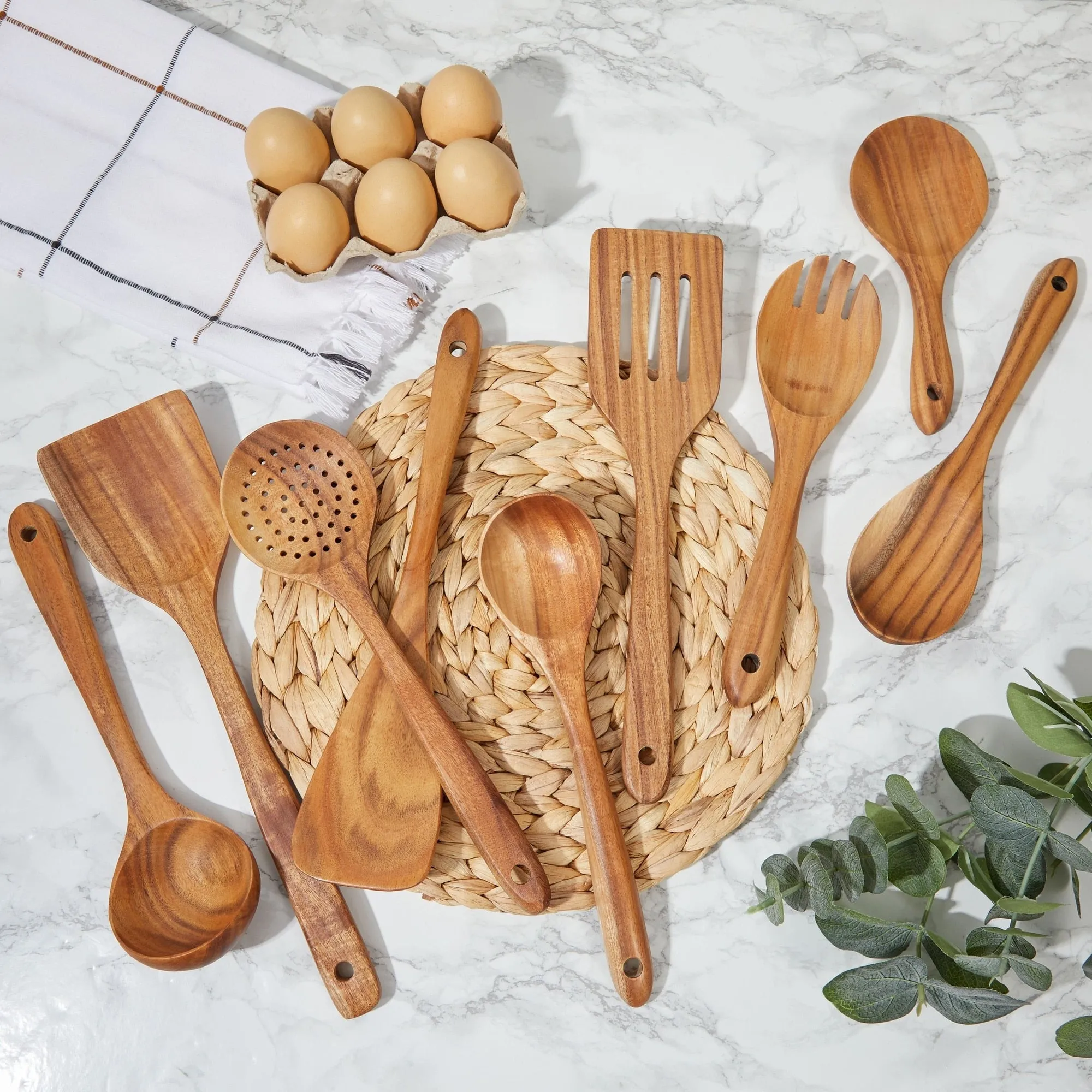 Wood Utensils Set for Cooking, 9 Piece Set Spoons and Spatulas for Kitchen