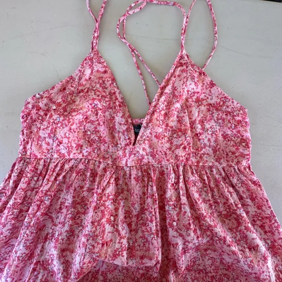 ZARA FLORAL SUMMER V NECK BACKLESS PINK LONG DRESS  SIZE L