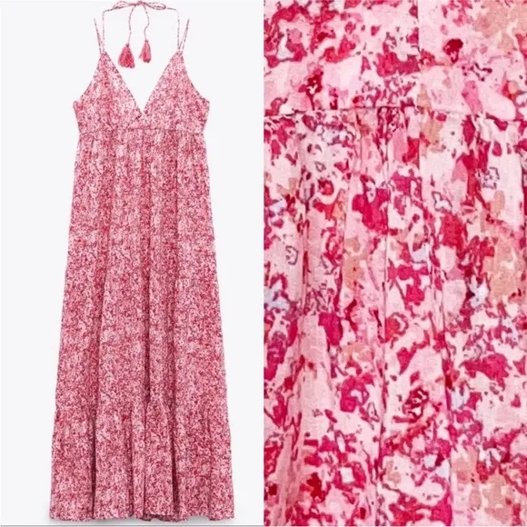 ZARA FLORAL SUMMER V NECK BACKLESS PINK LONG DRESS  SIZE L