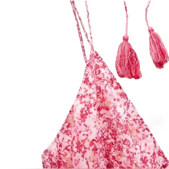 ZARA FLORAL SUMMER V NECK BACKLESS PINK LONG DRESS  SIZE L