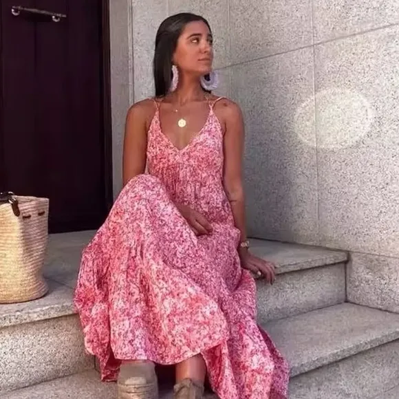ZARA FLORAL SUMMER V NECK BACKLESS PINK LONG DRESS  SIZE L