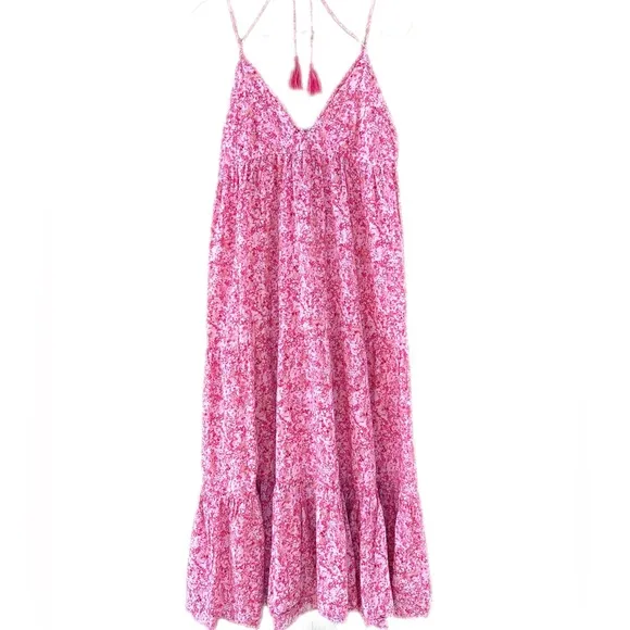 ZARA FLORAL SUMMER V NECK BACKLESS PINK LONG DRESS  SIZE L