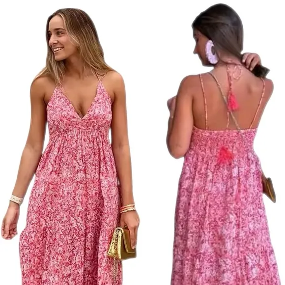 ZARA FLORAL SUMMER V NECK BACKLESS PINK LONG DRESS  SIZE L