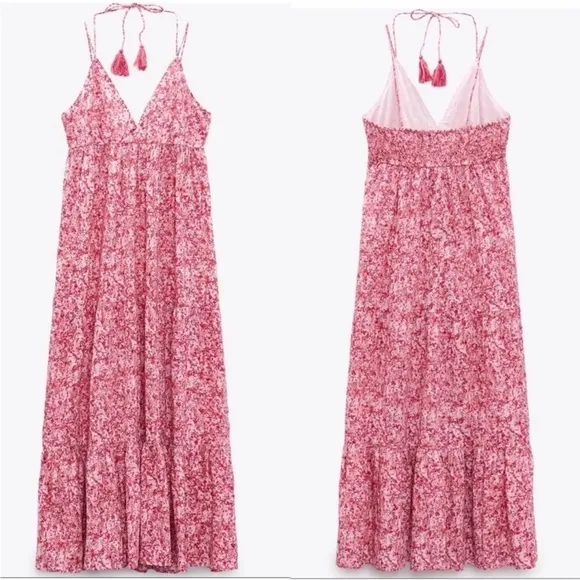 ZARA FLORAL SUMMER V NECK BACKLESS PINK LONG DRESS  SIZE L